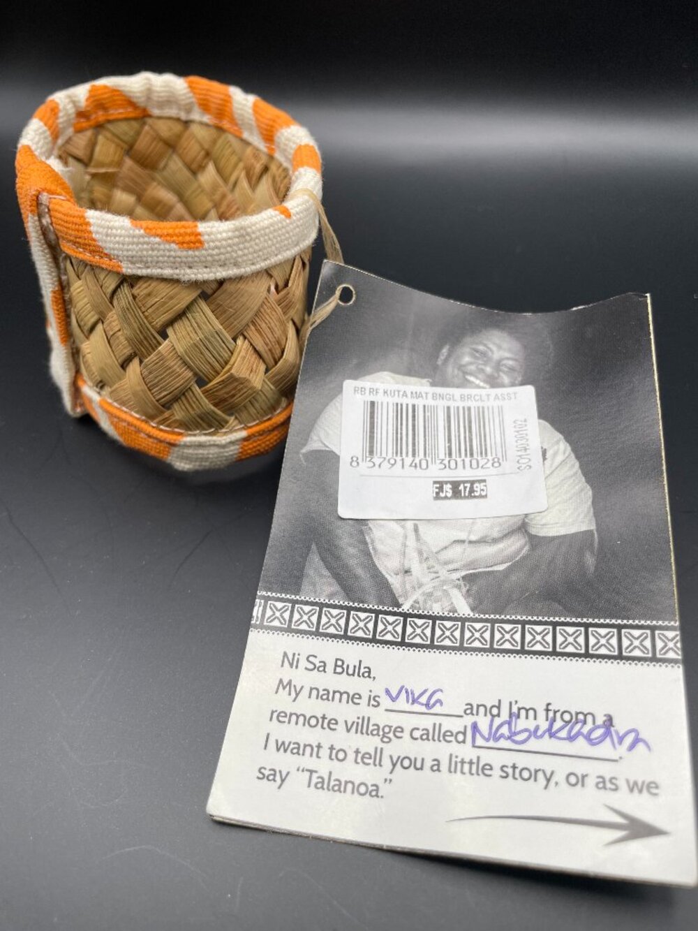 Fijian Woven Basket Cup bracelet w/ Tag, Orange & White Cloth, Hi Sa Bula